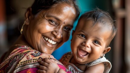 Happy mother and baby sharing big smiles in a joyful family moment.