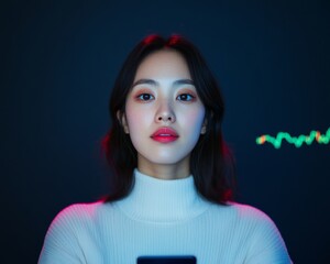 Poster - Minimalist Digital Finance Vibe Korean Woman Analyzing Cryptocurrency on Smartphone in Modern Co-Working Space - Fintech Aesthetics and Investment Strategy for Dynamic Economy