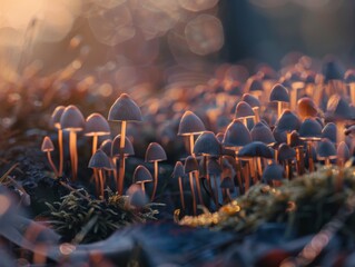 Sticker - Magical Cluster of Mushrooms Thriving in Soft Natural Light