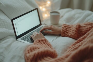 Fototapete - Cozy Online Learning Space Knit Sweater and Latte with Laptop in Dorm - Enhancing Digital Education and Remote Learning Technology for Modern Academia