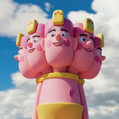 Poster - A cheerful, pink, four-headed character with yellow accents stands against a bright blue sky.