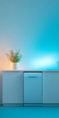 Leinwandbilder - Smart Living Aesthetic Soft Blue Light Illuminated Dishwasher and Matte Cabinets - Contemporary Kitchen Efficiency and Minimalist Design for Modern Homes