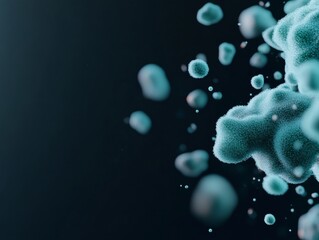 Fototapete - Vivid Virus Aesthetics Microscopic Floating Particles in Blue and Green Tones on Dark Backdrop - Cutting-edge Imagery for Medical Research and Digital Health Marketing