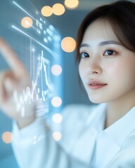 Leinwandbilder - Futuristic Tech Workspace Korean Professional Collaboration with Interactive Digital Screen in Sleek Glass Conference Room - Enhancing Innovation and Corporate Synergy in Business Solutions