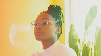 Leinwandbilder - Modern Hybrid Workspace Young African American Woman in Bright Minimalistic Home Office for Video Conferencing - Digital Communication and Remote Work Solutions