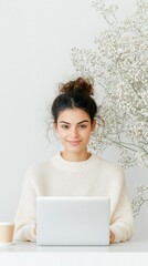 Poster - Contemporary Digital Workspace Young Latina Engaging with Laptop Amidst Minimalist Aesthetics - Remote Work and Tech Innovation for Business Synergy
