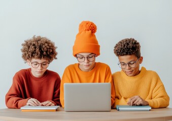Poster - Vibrant Learning Hub Diverse Teens Collaborate in Cozy Knitwear with Laptops - Enhancing Digital Skills for Modern Educational and Workplace Innovation