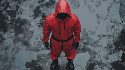 person in red squid game suit standing in puddle shadowy figure mysterious vibe