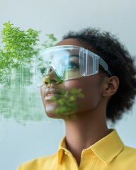 Poster - Cinematic Urban Innovation African American Female Engineer in Safety Goggles Designs Sustainable City on Digital Interface - Eco-Focused Urban Planning and Tech Industry Solutions