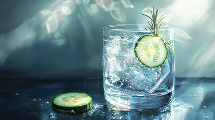 Wall Mural - A glass of sparkling water with delicate bubbles, served with a sprig of rosemary and a slice of cucumber.