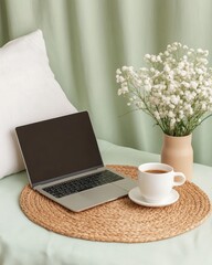 Poster - Minimalist Workspace Inspiration Modern Laptop on Woven Mat with Coffee and Floral Arrangement - Home Office Aesthetic and Digital Productivity Enhancement