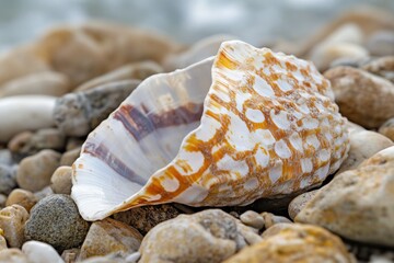Wall Mural - a shell lies on a rocky beach with calm waters in the background, perfect for a peaceful scene or oc