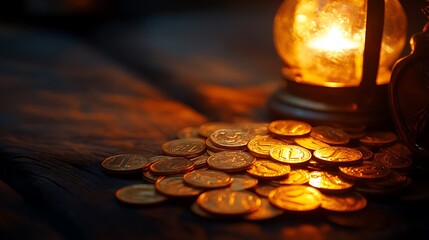 A pile of gold coins glinting under the warm light of a glowing lantern in a dark room