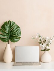 Poster - Scandinavian Workspace Inspiration Sleek Laptop and Monstera Leaf on Minimalist Desk Streamlined Design for Modern Office Creativity and Digital Marketing Efficiency