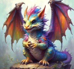 Wall Mural - Illustration of fluffy tiny dragon baby.