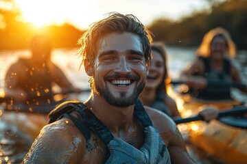 Poster - A person smiling while paddling a kayak in calm waters