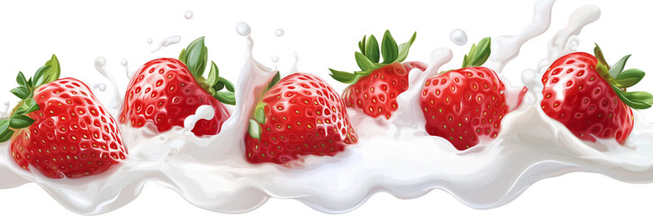 Wall Mural -  4 vector illustrations of strawberry and milk splashes, with a transparent background in PNG