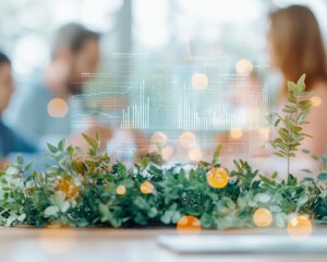 Leinwandbilder - Diverse Team Analyzing Digital Sustainability Data in Cinematic Eco-Office - Empowering Corporate Strategy and Transparency in Modern Business Environments