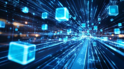 Glowing blue cubes descend through a futuristic tech tunnel in a stunning realistic photo