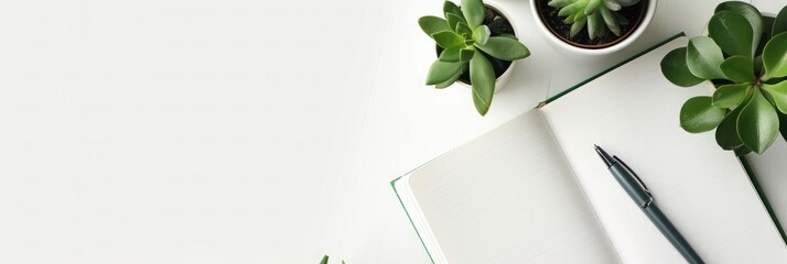 Wall Mural - A shot of a desk with an open notebook, pen and plant pots on a white background. Web banner with copy space on the right