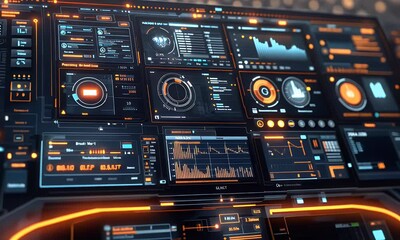 Futuristic digital dashboard interface displaying analytics and data visualization in a tech environment