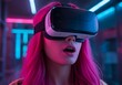 © Anomal - Portrait of amazed young woman in a VR headset explores the metaverse's virtual space. Gaming and futuristic entertainment concept