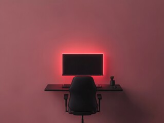 Aufkleber - Modern Minimalist Gaming Setup with Neon Lit Monitor in Sleek Workspace