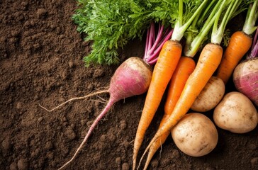 Fresh raw carrot, beetroot and potatoes on soil in garden. Organic vegetables background