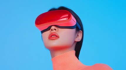 Leinwandbilder - Neon Futurism Asian Teen with VR Headset in Sci-Fi Inspired Portrait