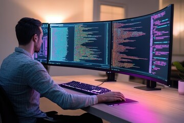 a programmer works late at night, intensely focused on lines of code displayed across two large moni