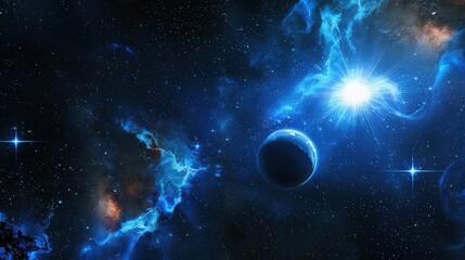 starry sky with a distant planet orbiting a small blue star