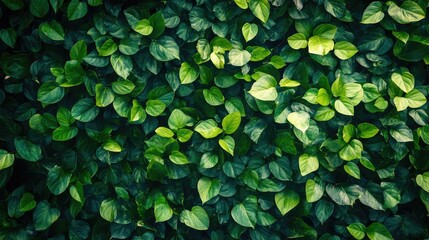 Wall Mural - lush green foliage background with various shades of leaves and natural light reflections suitable f