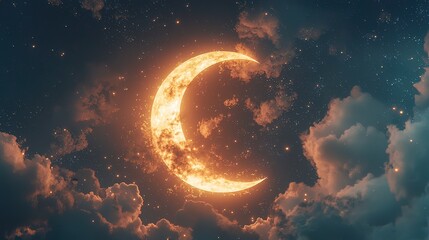 Wall Mural - Glowing crescent moon in night sky with clouds and stars.