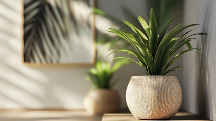 Wall Mural - indoor scene featuring decorative potted plants with soft sunlight casting shadows on the wall and f