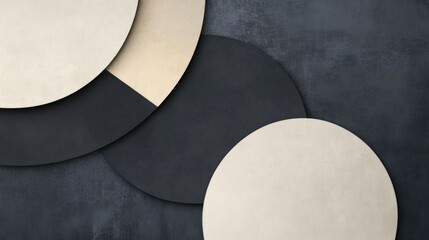 Wall Mural - Abstract background featuring overlapping circular shapes in muted tones against a textured dark backdrop with ample copy space.