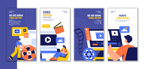 Flat Cartoon Vector Illustration of Video Editing Software with Hand-Drawn Templates for Social Media Stories