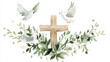 © photoholic - Peaceful doves and wooden cross with greenery in watercolor art