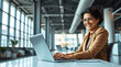 © Stock 4 you - Middle age European business woman CEO using laptop application for work at table workspace in office. Smiling Latin Hispanic mature adult professional businesswoman using pc digital computer. Banner
