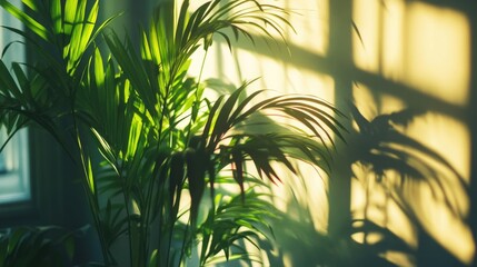 Wall Mural - Lush indoor plant casting shadows on wall with warm sunlight creating a tranquil atmosphere Copy Space