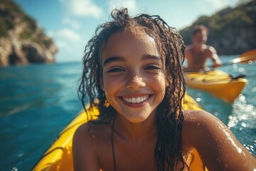 Poster - A young girl smiling while sitting in a yellow kayak, great for outdoor or adventure themed projects