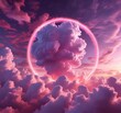 © JKLoma - A large puffy light purple cloud with a bright pink glow surrounding a circular shape in the vast open sky, puffy, glow, light