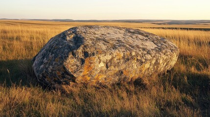 Wall Mural - Large weathered boulder on grassy landscape with evening light and open fields in background Copy Space
