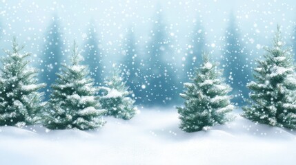 Wall Mural - Winter landscape with snow-covered evergreen trees in a forest setting with falling snowflakes and soft blue background Copy Space