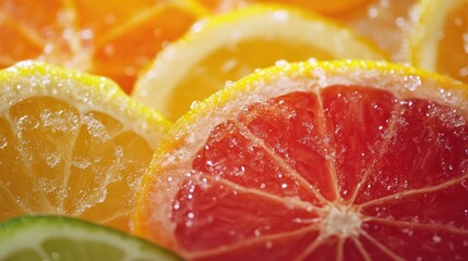 Freshly cut citrus fruit slices including grapefruit, lemon, lime, and orange with sugar crystals on top and vibrant colors, Copy Space