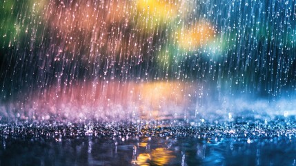 Wall Mural - colorful raindrops falling on a wet surface with blurred background lights and copy space for text p