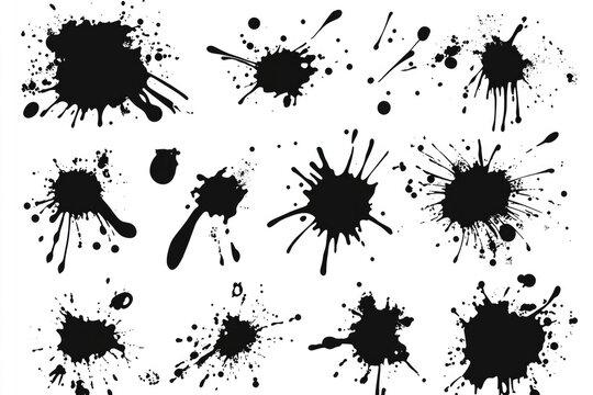 A close-up shot of various sizes and shapes of black ink splats on a clean white surface
