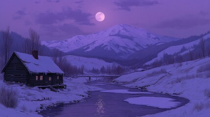 Wall Mural - Serene Winter Evening by the River with Full Moon Over Mountains