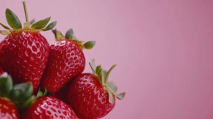 Canvas Print - Fresh ripe strawberries arranged on a soft pink background offering healthy berry concept with ample empty space for text and branding.