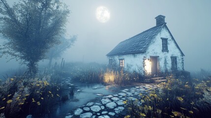 Wall Mural - Mysterious Foggy Scene with Illuminated Cottage Under Full Moon