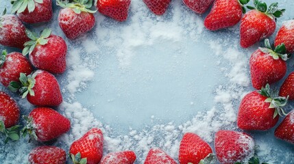 Canvas Print - Fresh vibrant red strawberries elegantly arranged in a circular pattern on a rustic blue cutting board with powdered sugar, creating a blank space for text.